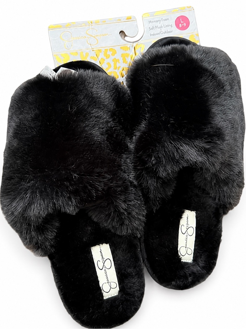 NWT Jessica Simpson Black Ruched Faux Fur Memory Foam Slide Slippers L 8-9